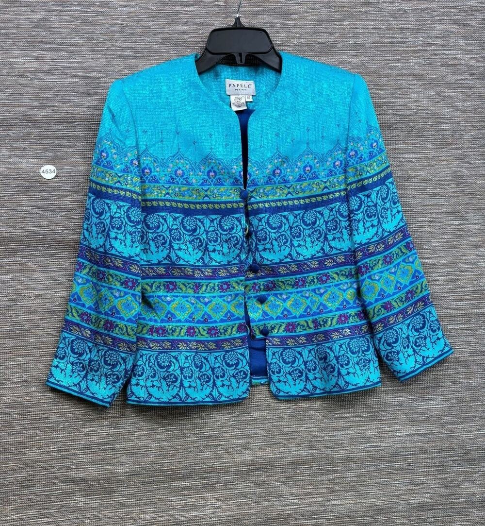 Papell Blazer Jacket Womens Sz 8P Blue Silk Floral Satin Collarless Short Lined